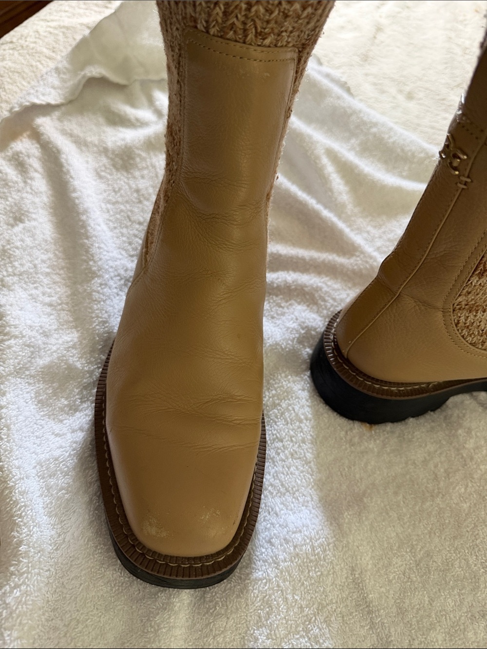 Sam Edelman Tan and Cream Knit-Panel Ankle Boots